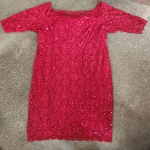 Red Sparkly Lace Midi Dress with Sequins Size 30